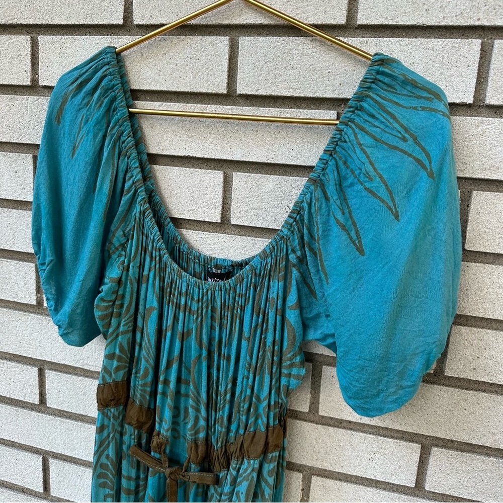 Lotus Traders Boho Blue Brown Puff Sleeve Renaissance Maxi Dress OS Fairycore - Picture 3 of 11